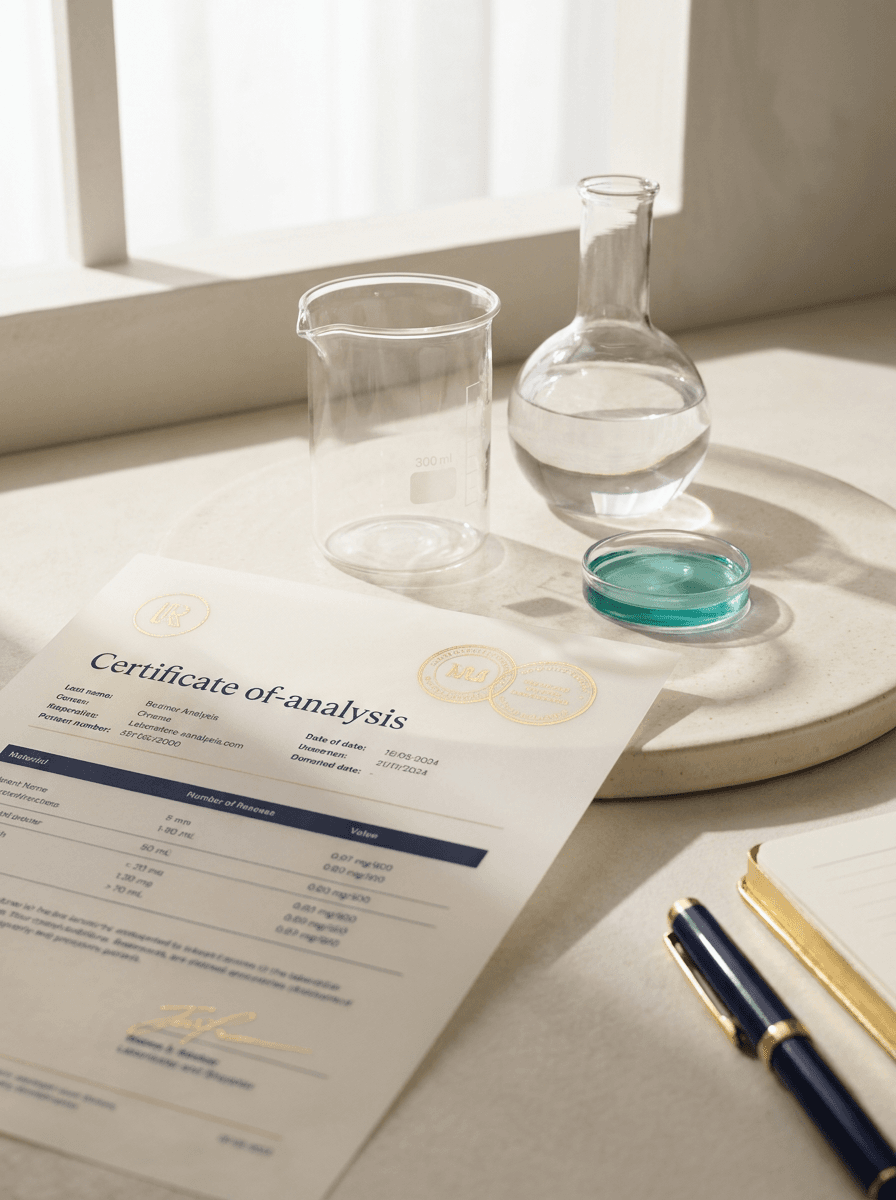 A Certificate of Analysis on the bench